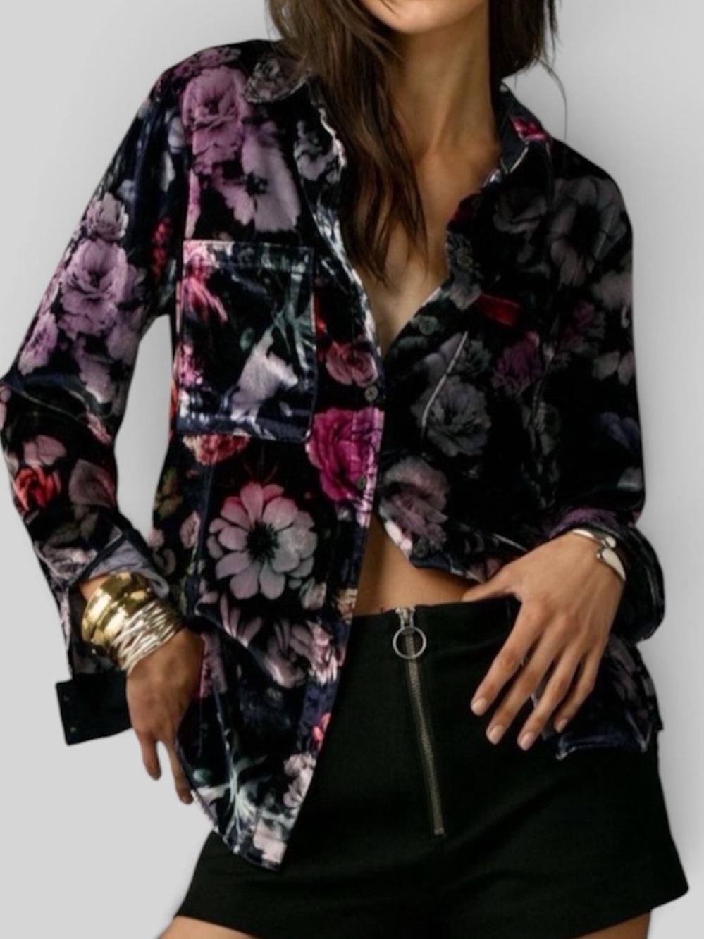 Pilcro Anthropologie Hadley Velvet Floral Button Up Top